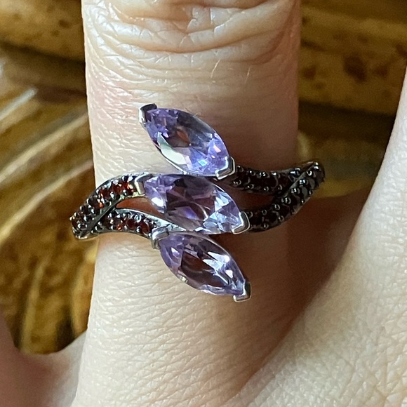 Natural Moroccan Amethyst Red Garnet Sterling Silver Ring Size 6.75 - Picture 1 of 10